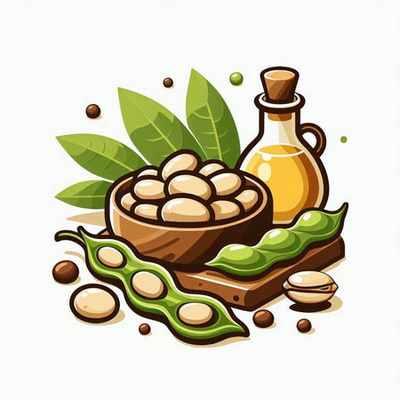 Soybean oil in a bottle and pods. Vector illustration.のイラスト素材