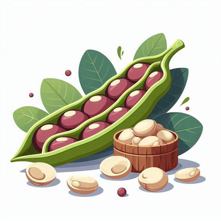 Pea pods with leaves and seeds. Vector illustration isolated on white background.のイラスト素材