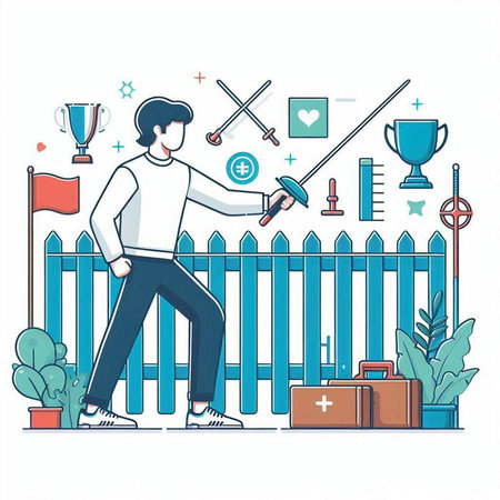 Vector illustration of a young man standing in front of a fence.のイラスト素材