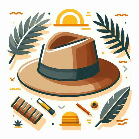 Vector illustration of hat and accessories in flat style on the theme of travel.のイラスト素材