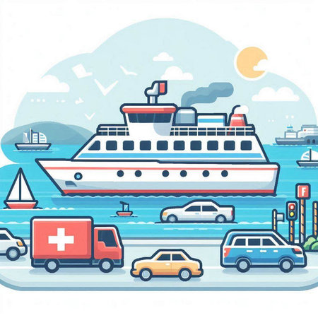 Cruise ship on the sea. Vector illustration in flat style.のイラスト素材