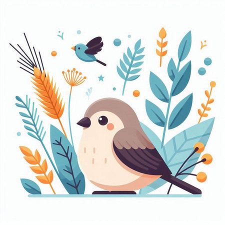 Cute little bird with flowers and plants. Vector illustration in cartoon style.のイラスト素材