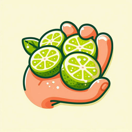 Vector illustration of a hand with lime slices on a yellow background.のイラスト素材