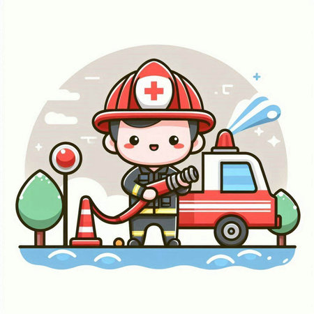 fireman with fire truck in the street vector illustration cartoon character designのイラスト素材