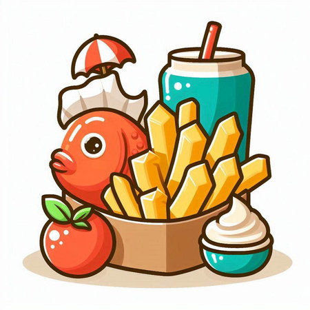 Illustration of a Cute Fish with Fries and Soda Drinkのイラスト素材