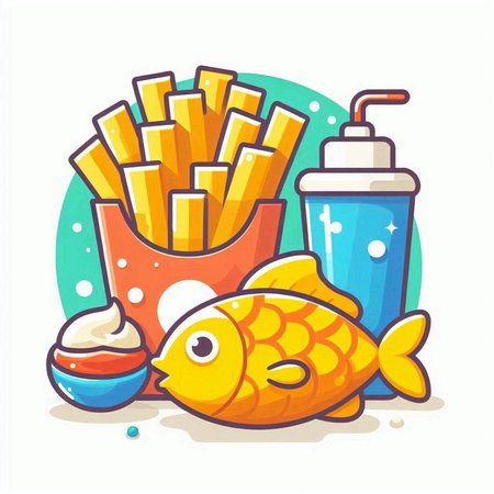 Fried fish and french fries. Fast food. Vector illustration.のイラスト素材