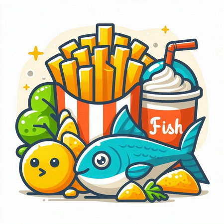 Fried fish, chips, ice cream and vegetables. Vector illustration.のイラスト素材