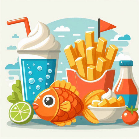 Fried fish, french fries, soda and smoothie. Cartoon vector illustrationのイラスト素材