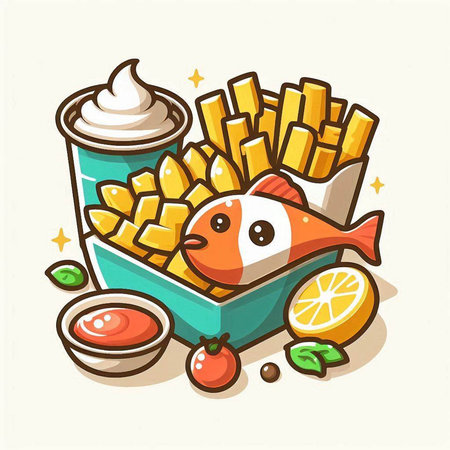 Fried fish with french fries and mayonnaise, vector illustrationのイラスト素材