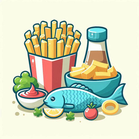 Fried fish, chips, sauce and vegetables. Vector illustration.のイラスト素材