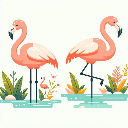 Two flamingos in a pond. Vector illustration. Flat style.のイラスト素材