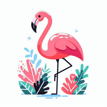 Flamingo vector illustration. Cute pink flamingo with tropical leaves.のイラスト素材