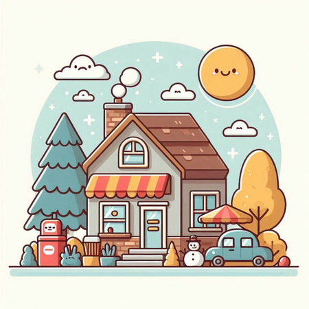Cute cartoon house in the village. Vector illustration. Eps 10のイラスト素材