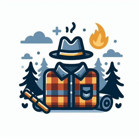 Fisherman in checkered shirt and hat. Vector illustrationのイラスト素材