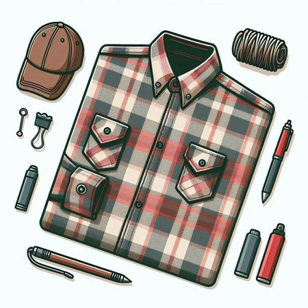 Vector illustration of a checkered shirt, cap, pencils and other toolsのイラスト素材