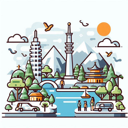Landscape of the city. Vector illustration in thin line style.のイラスト素材