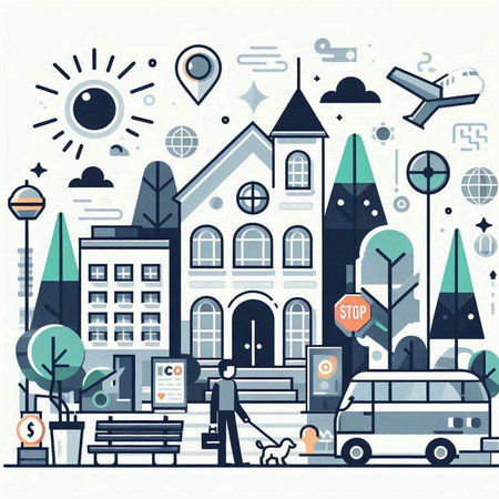City landscape with buildings, roads and trees. Vector illustration in flat styleのイラスト素材