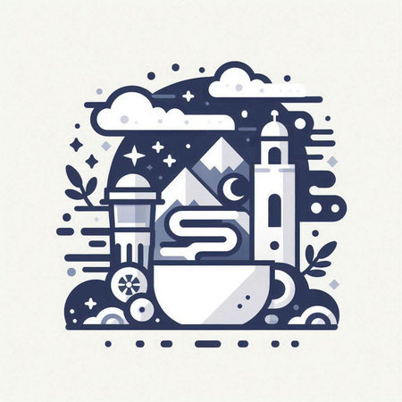 Coffee in the mountains. Vector illustration in trendy linear style.のイラスト素材