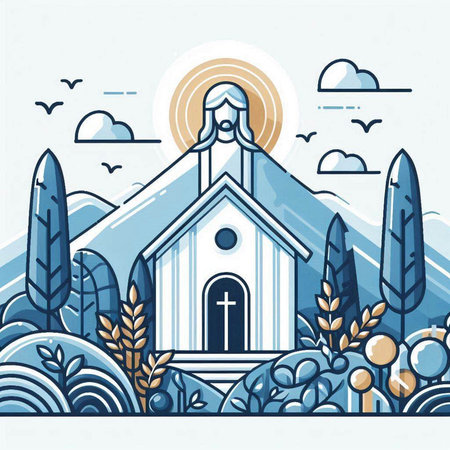Vector illustration of christian church in the forest. Religion concept.のイラスト素材