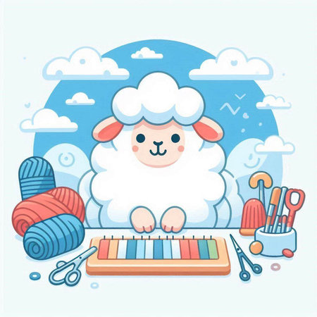 Sheep with knitting needles, yarn and needles. Vector illustration.のイラスト素材