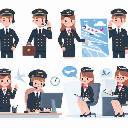 A set of Stewardess character on white background.There are various actions such as the flight attendant, the pilot, the stewardess.It's vector art so it's easy to edit.のイラスト素材