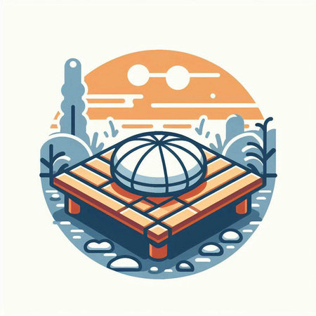 Vector illustration of a wooden deck chair in the park with a round logo.のイラスト素材