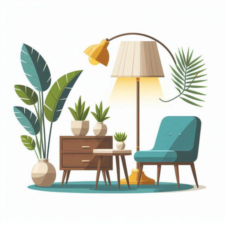 Living room interior with furniture and plants. Vector illustration in cartoon style.のイラスト素材