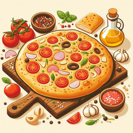 Pizza with tomatoes, olives, cheese and basil. Vector illustrationのイラスト素材