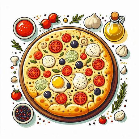 Pizza with tomato, mozzarella cheese, olives, onion, tomato, pepper, garlic and olive oil. Vector illustration.のイラスト素材