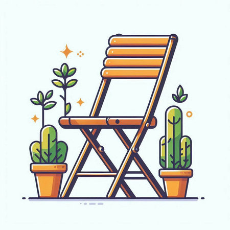 Wooden chair with potted plants. Vector illustration in flat linear style.のイラスト素材