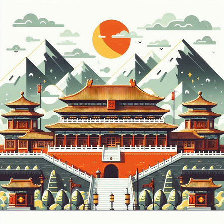 Vector illustration of the ancient Chinese temple in the mountains. Landmarkのイラスト素材