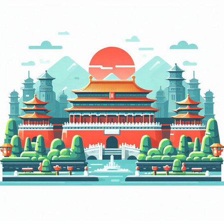Landscape of ancient Chinese architecture. Vector illustration in flat style.のイラスト素材