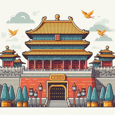 Ancient Chinese temple building. Vector illustration in a flat style design.のイラスト素材
