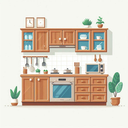Kitchen interior with furniture and plants. Vector illustration in flat styleのイラスト素材