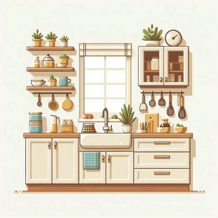 Kitchen interior design. Vector illustration in a flat style. Kitchen furniture.のイラスト素材