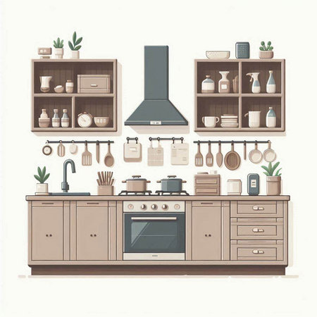 Kitchen interior. Furniture and kitchen equipment. Vector illustration.のイラスト素材