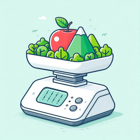 Illustration of a weight scale with healthy food on it - vectorのイラスト素材