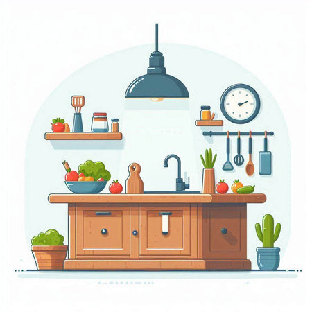 Kitchen interior. Vector illustration in flat style. Kitchen furniture.のイラスト素材