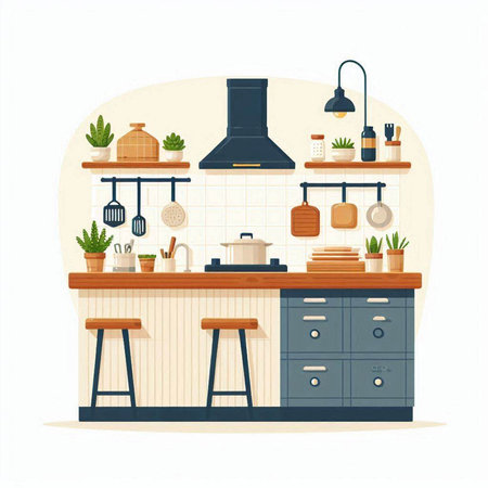 Kitchen interior with furniture and accessories. Vector illustration in flat styleのイラスト素材