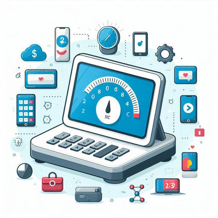 Calculator with speedometer and application icons. Vector illustration.のイラスト素材