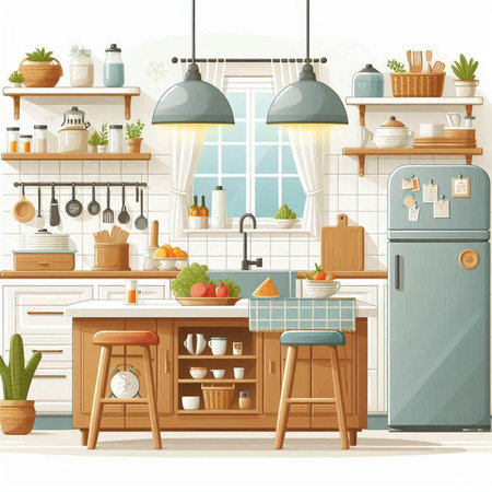 Kitchen interior with furniture and kitchenware. Cartoon vector illustration.のイラスト素材