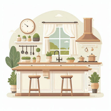 Kitchen interior with furniture and accessories. Vector illustration in flat style.のイラスト素材