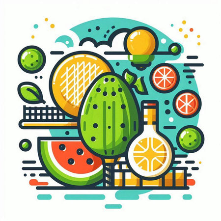 Fruits and vegetables vector illustration. Cactuses, watermelons, lime, lemon, orange, grapefruit, watermelon.のイラスト素材