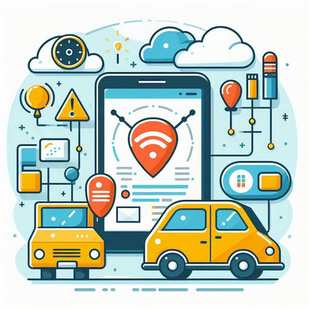 Smart car app on the screen of mobile phone. Modern flat line design vector illustration.のイラスト素材