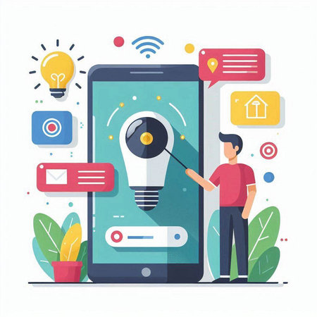 Flat design concept vector illustration for web and mobile applications. Smartphone with light bulb on screen.のイラスト素材