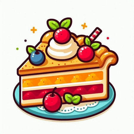 Vector illustration of a piece of cake with whipped cream and berries.のイラスト素材
