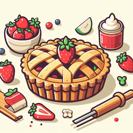 Strawberry pie. Vector illustration of a pie with strawberries.のイラスト素材