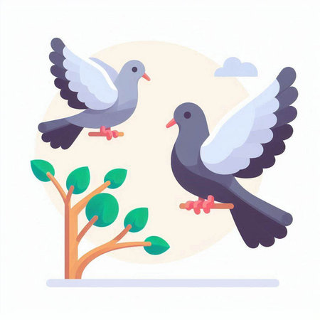Pigeons on a background of trees. Vector illustration in flat style.のイラスト素材