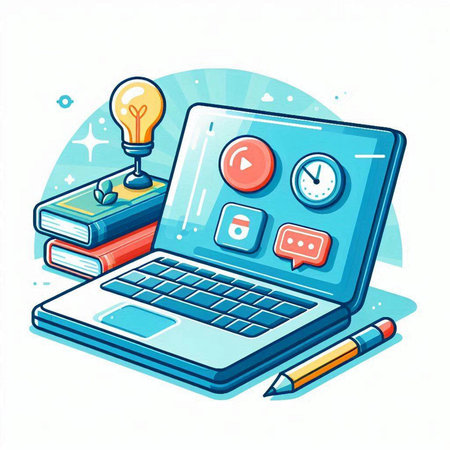 Laptop with online education concept. Vector illustration in cartoon style.のイラスト素材