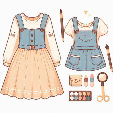 Illustration of a set of clothes and accessories for a little girlのイラスト素材